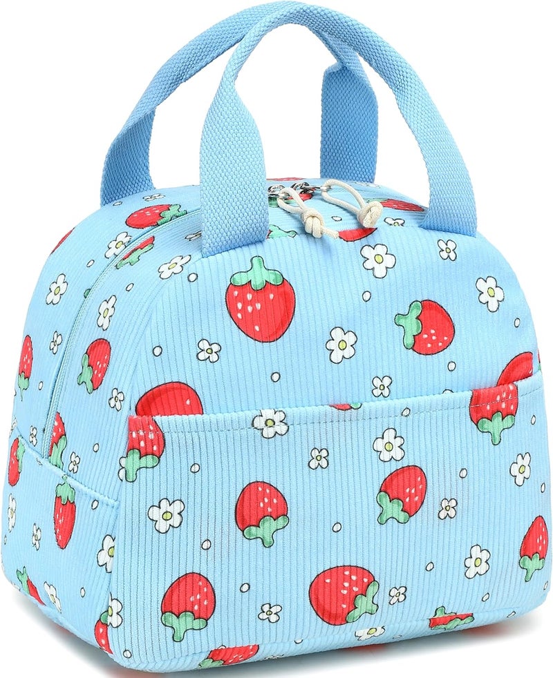 LEDAOU Lunch Box for Women Insulated Lunch Bag Corduroy Lunch Tote Bags Leakproof Cooler Lunch Case for Travel Work Picnic (Blue Strawberry) - Image 1